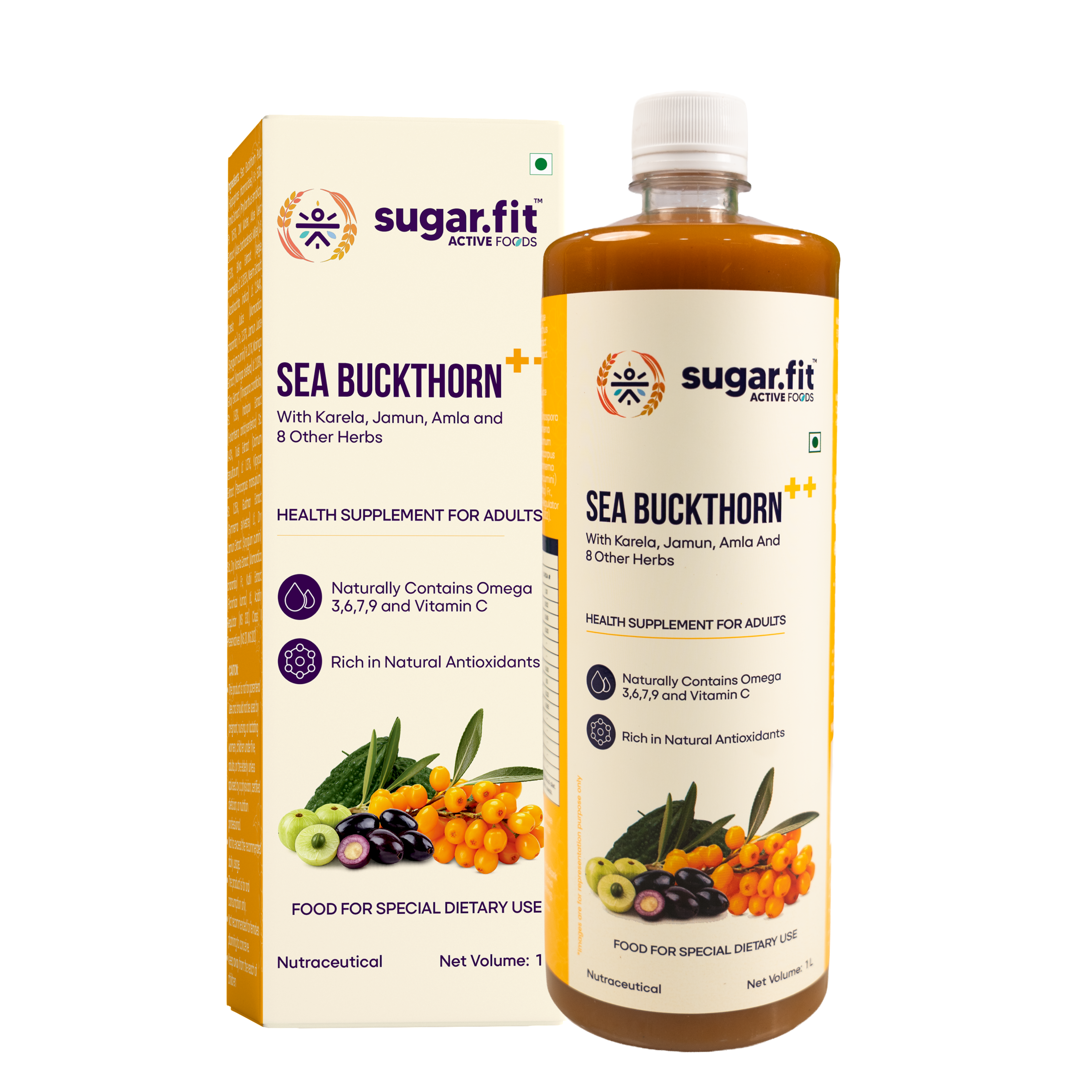 Sugar.fit | Active Foods Sea Buckthorn Juice with 13 Herbs 1 L | 100% Pure Sea Buckthorn Pulp with Neem, Karela, Jamun and other herbs | Rich in Natural Omega 3, 6, 7, 9 & Vitamin C