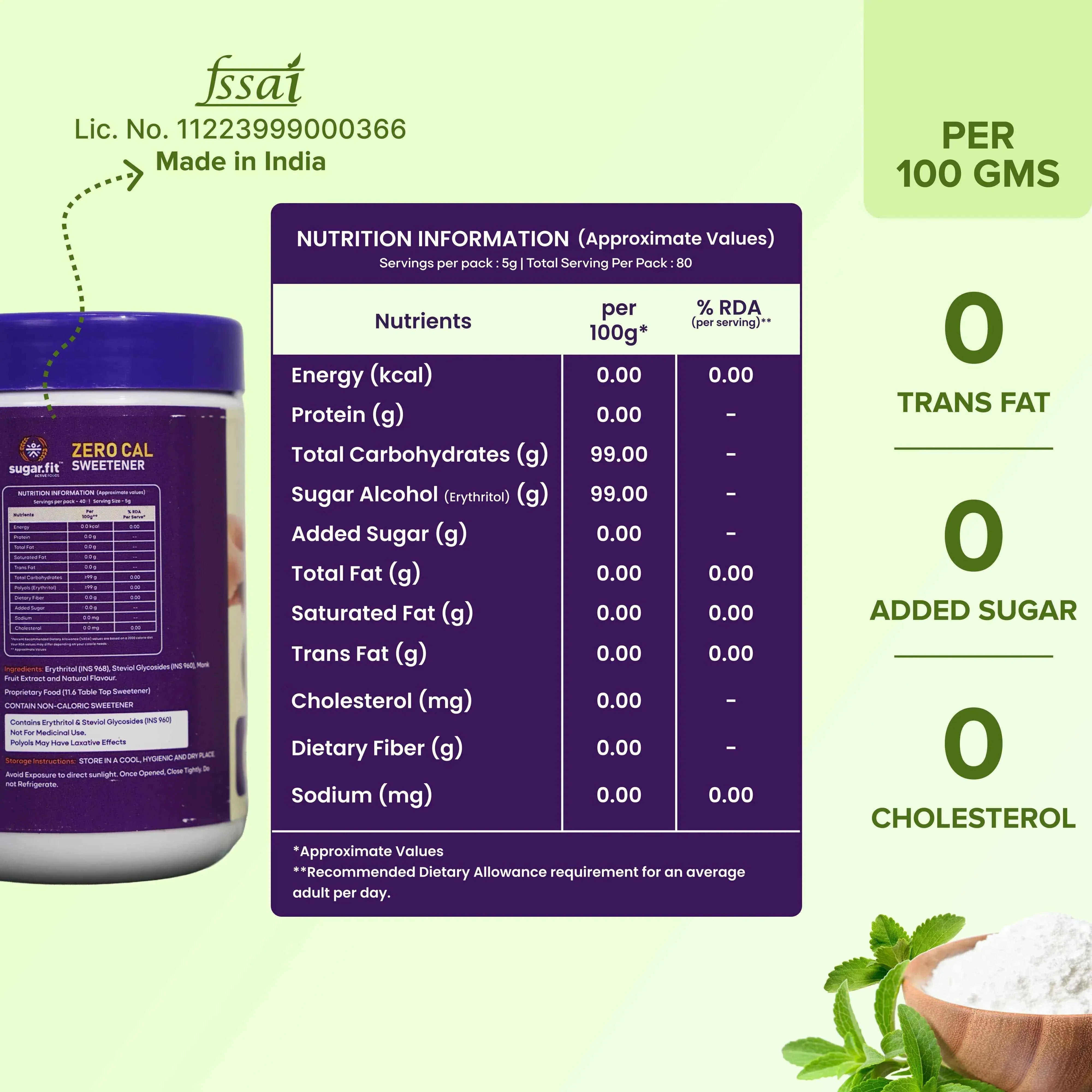 Sugar.fit Zero Cal Sweetener with Monk Fruit, Made from 100% Plant-Based Stevia - 200g