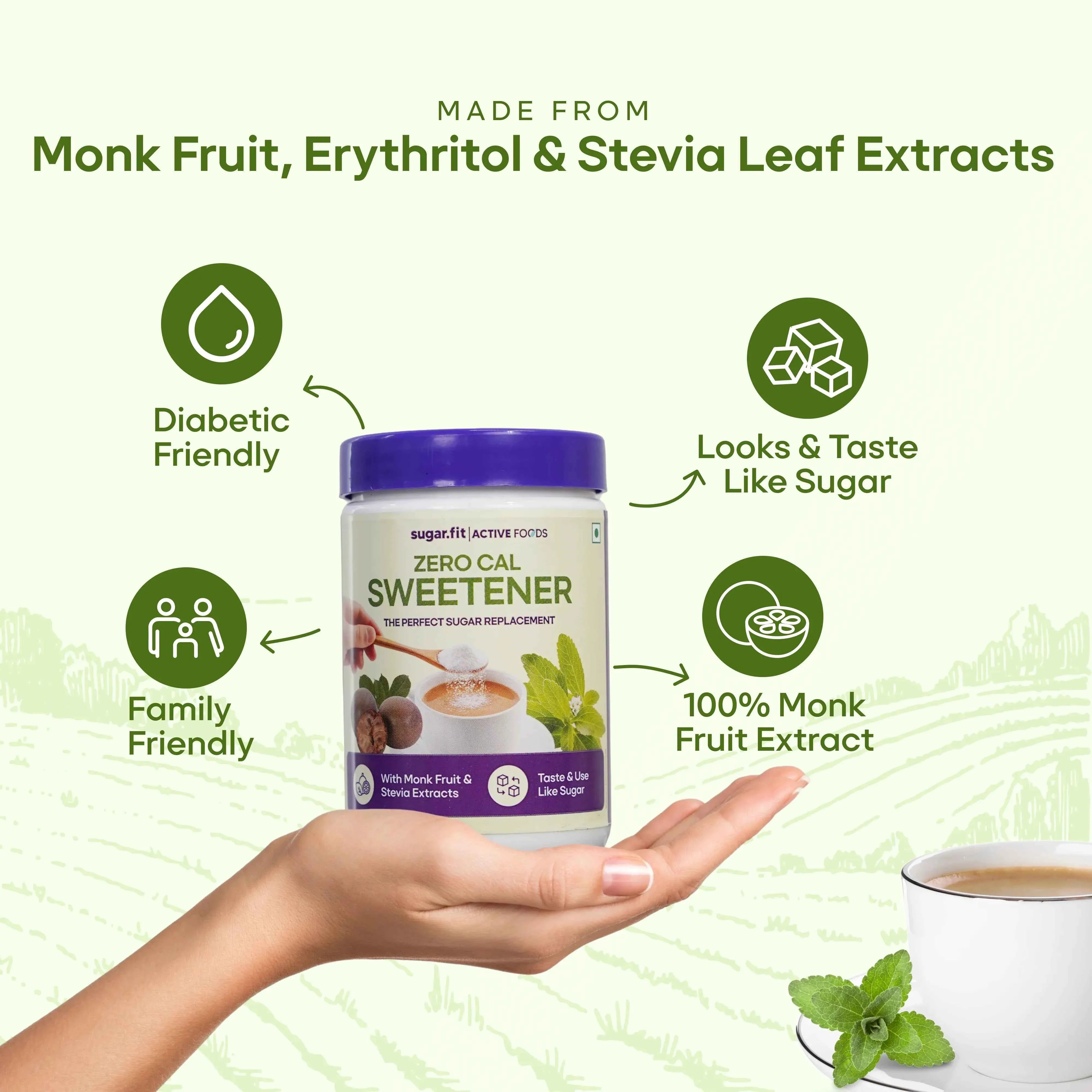 Sugar.fit Zero Cal Sweetener with Monk Fruit, Made from 100% Plant-Based Stevia - 200g