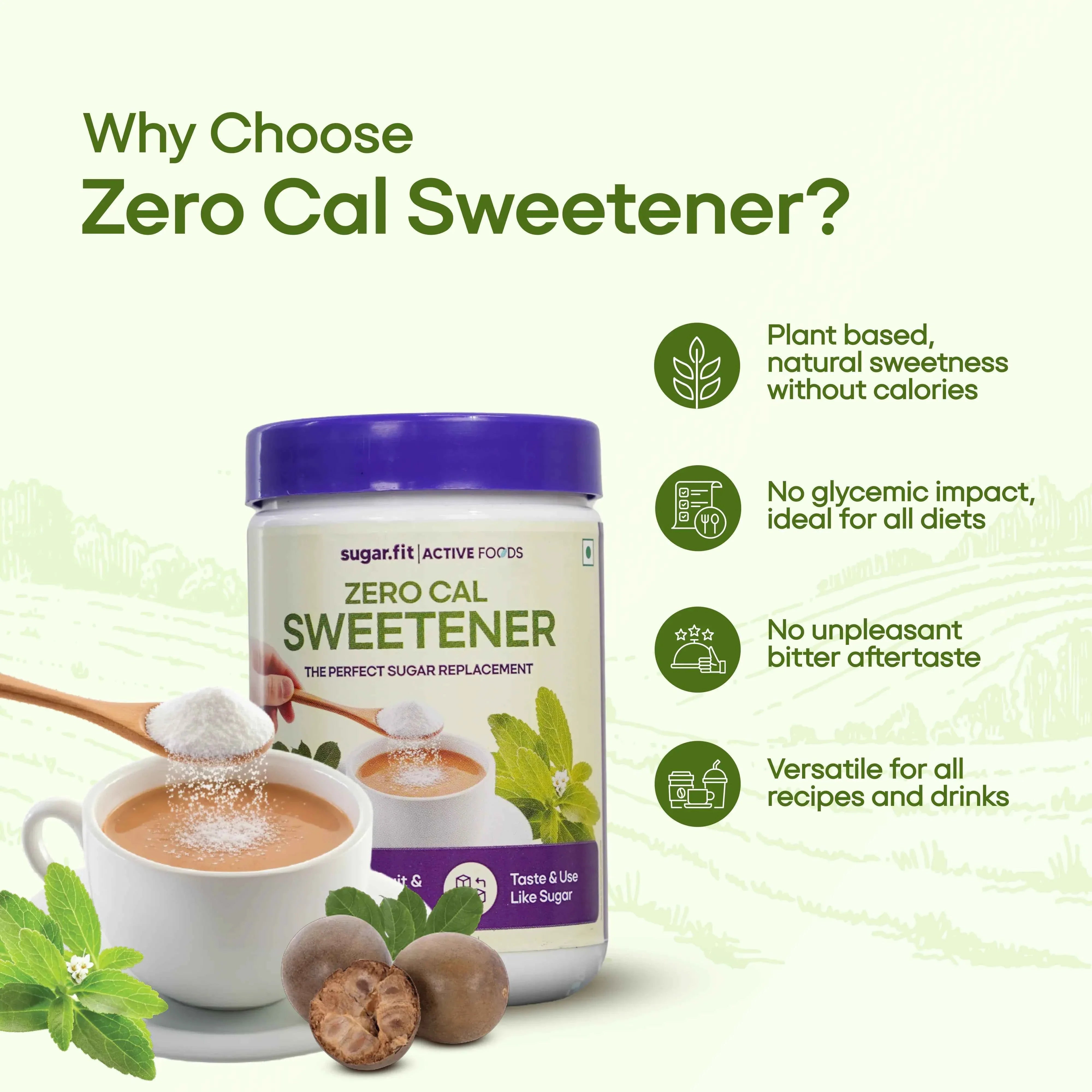 Sugar.fit Zero Cal Sweetener with Monk Fruit, Made from 100% Plant-Based Stevia - 200g