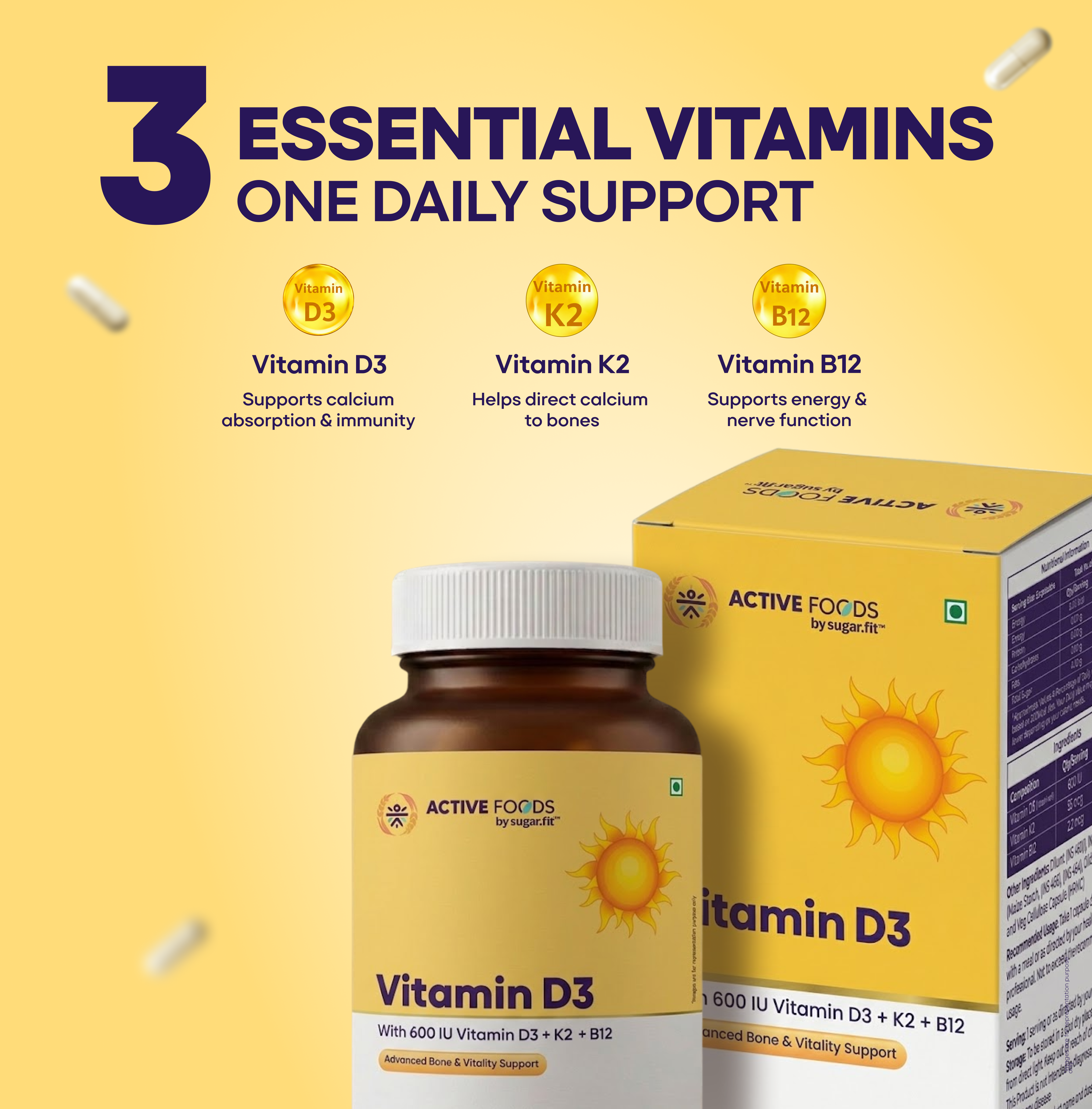 Active Foods Vitamin D3 + K2 + B12 Bone & Vitality Capsules