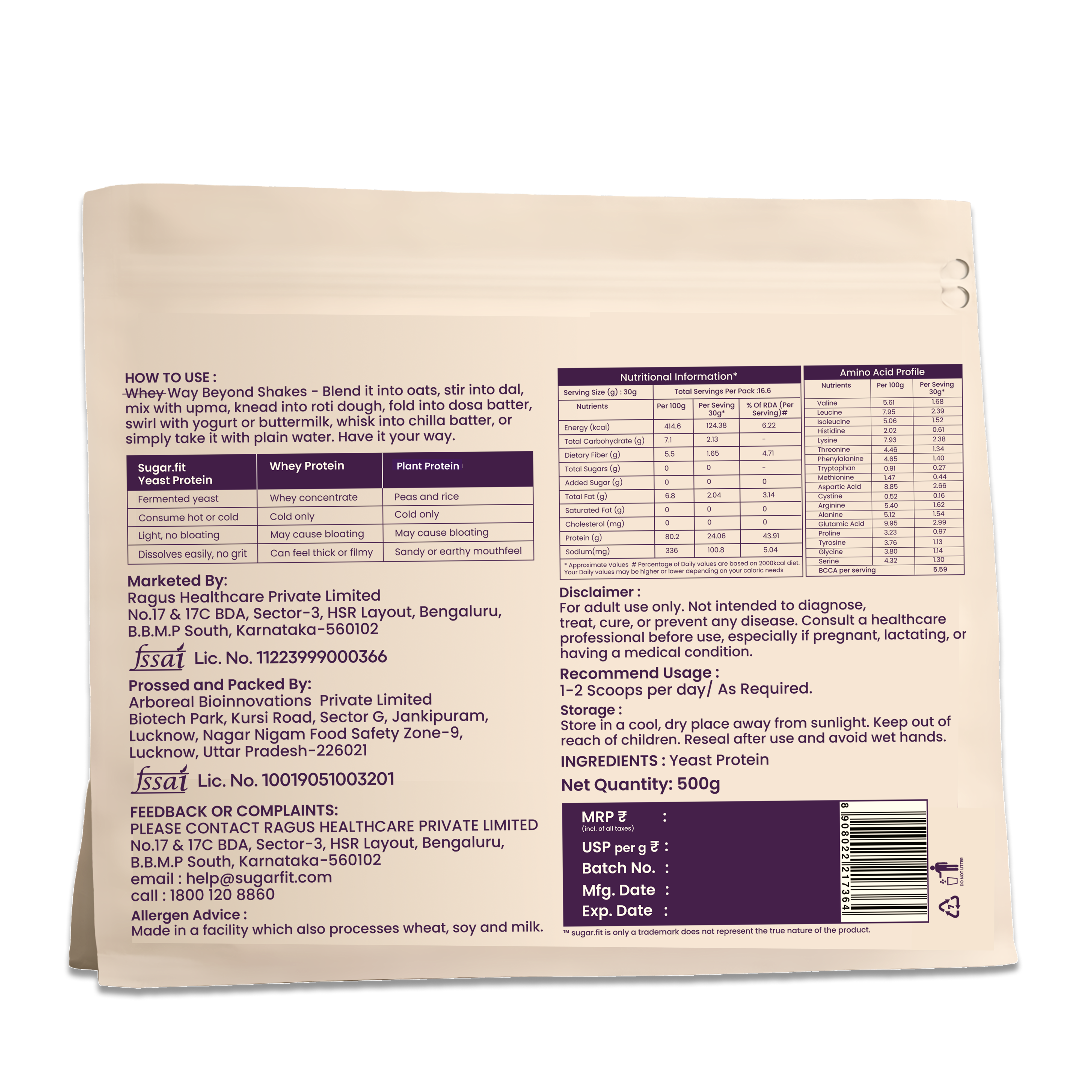 Sugar.fit Yeast Unflavoured Protein Powder,24g Protein, 500g