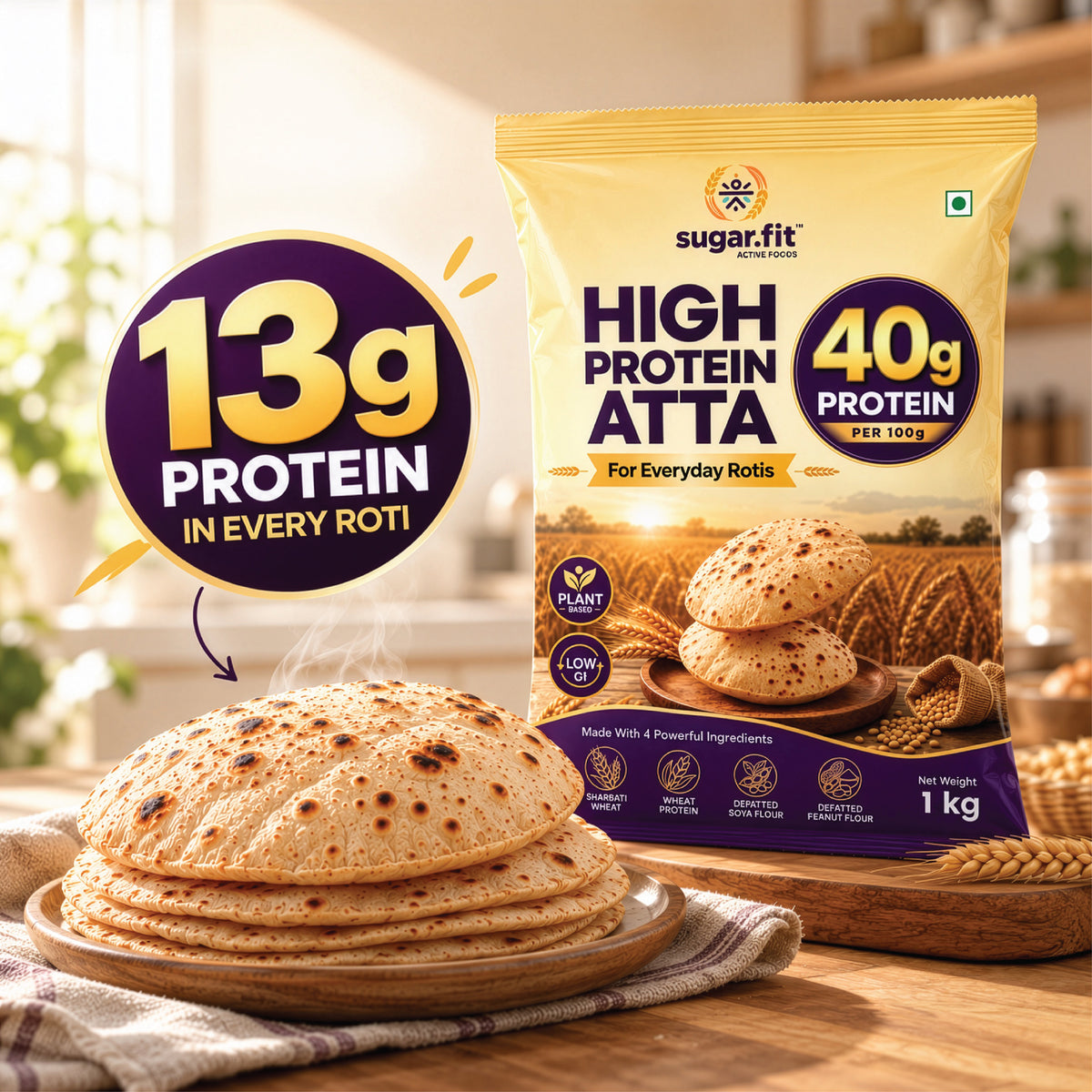 Sugar.fit High Protein Atta – 13g Protein Per Roti, Low GI