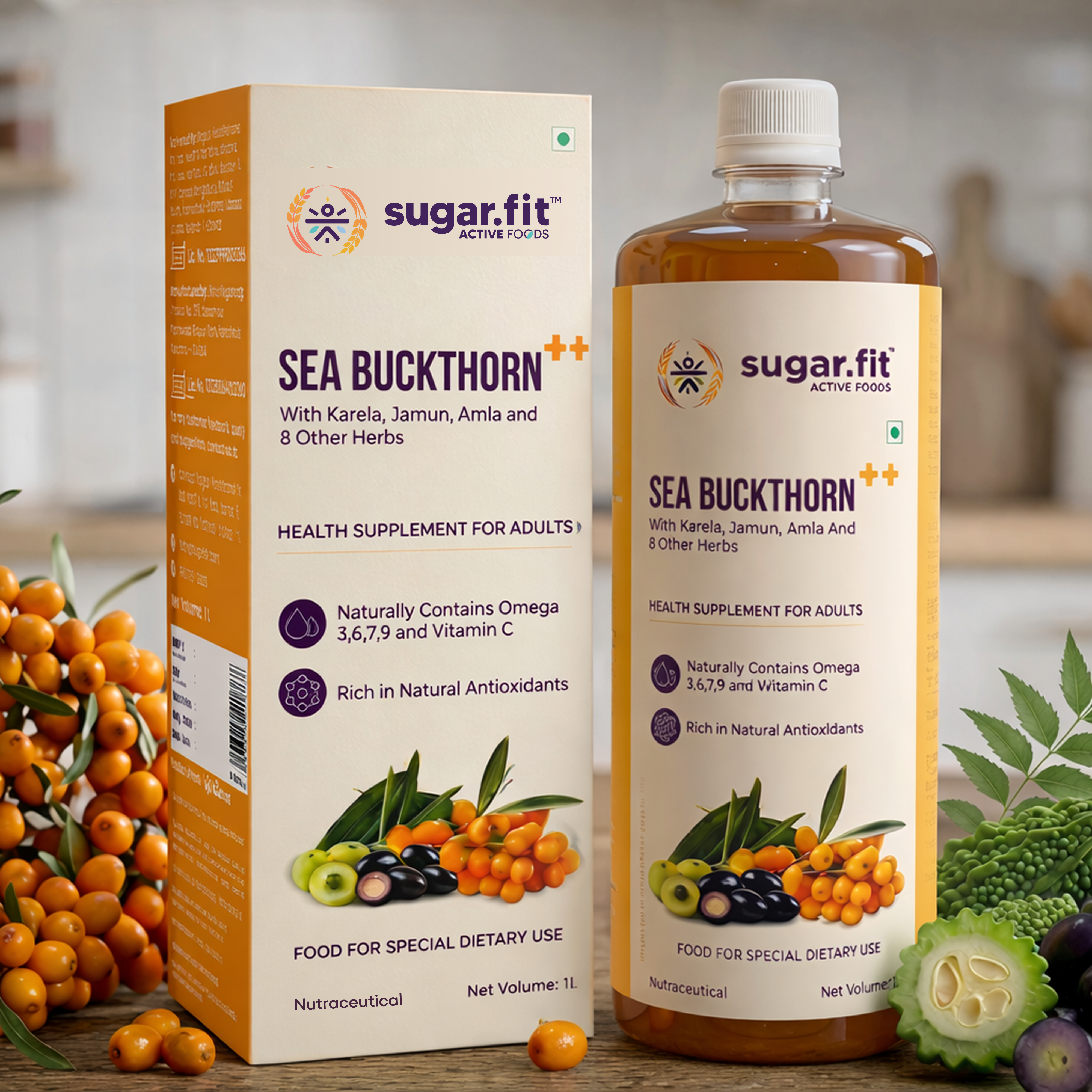 Sugar.fit | Active Foods Sea Buckthorn Juice with 13 Herbs 1 L | 100% Pure Sea Buckthorn Pulp with Neem, Karela, Jamun and other herbs | Rich in Natural Omega 3, 6, 7, 9 & Vitamin C