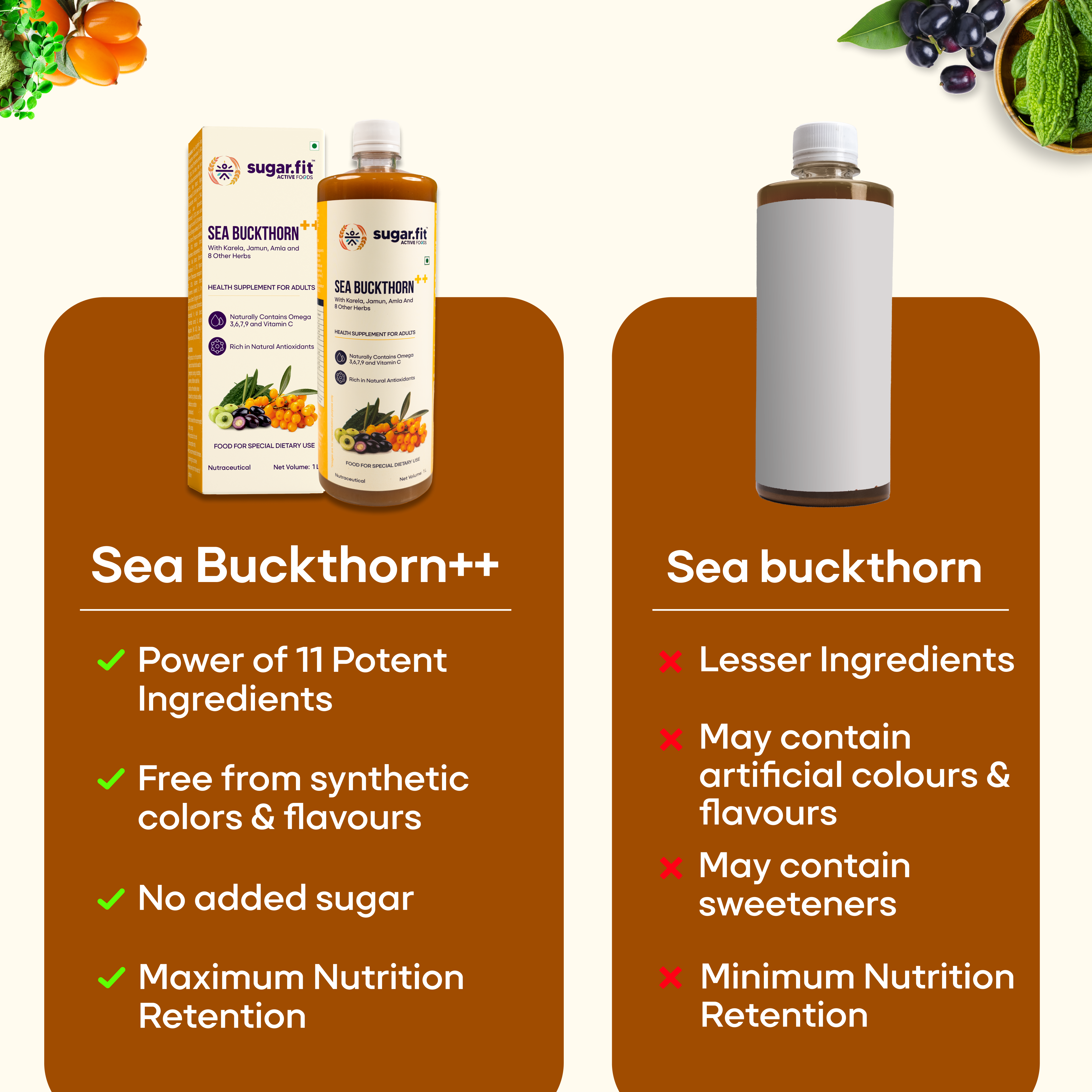 Sugar.fit | Active Foods Sea Buckthorn Juice with 13 Herbs 1 L | 100% Pure Sea Buckthorn Pulp with Neem, Karela, Jamun and other herbs | Rich in Natural Omega 3, 6, 7, 9 & Vitamin C