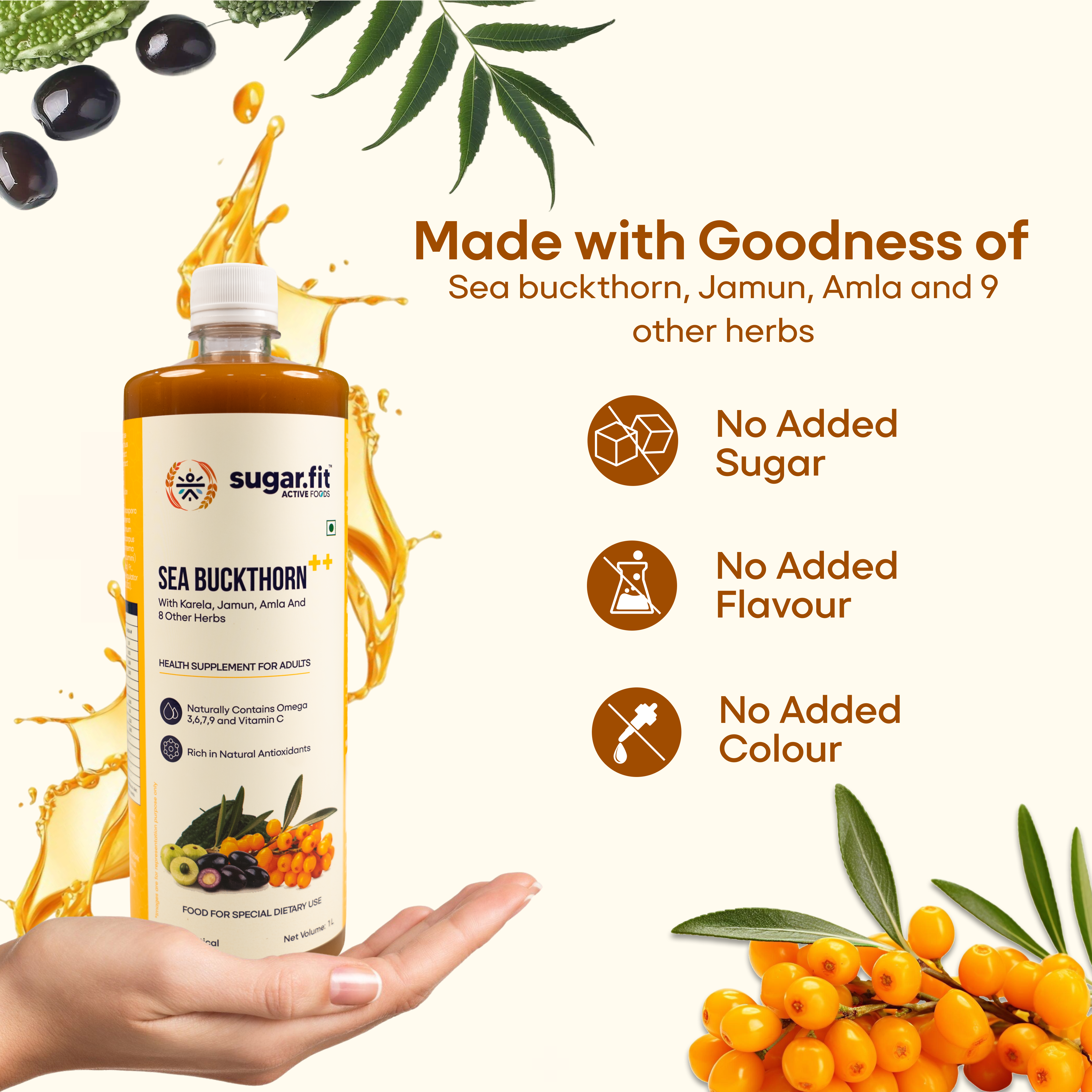 Sugar.fit | Active Foods Sea Buckthorn Juice with 13 Herbs 1 L | 100% Pure Sea Buckthorn Pulp with Neem, Karela, Jamun and other herbs | Rich in Natural Omega 3, 6, 7, 9 & Vitamin C