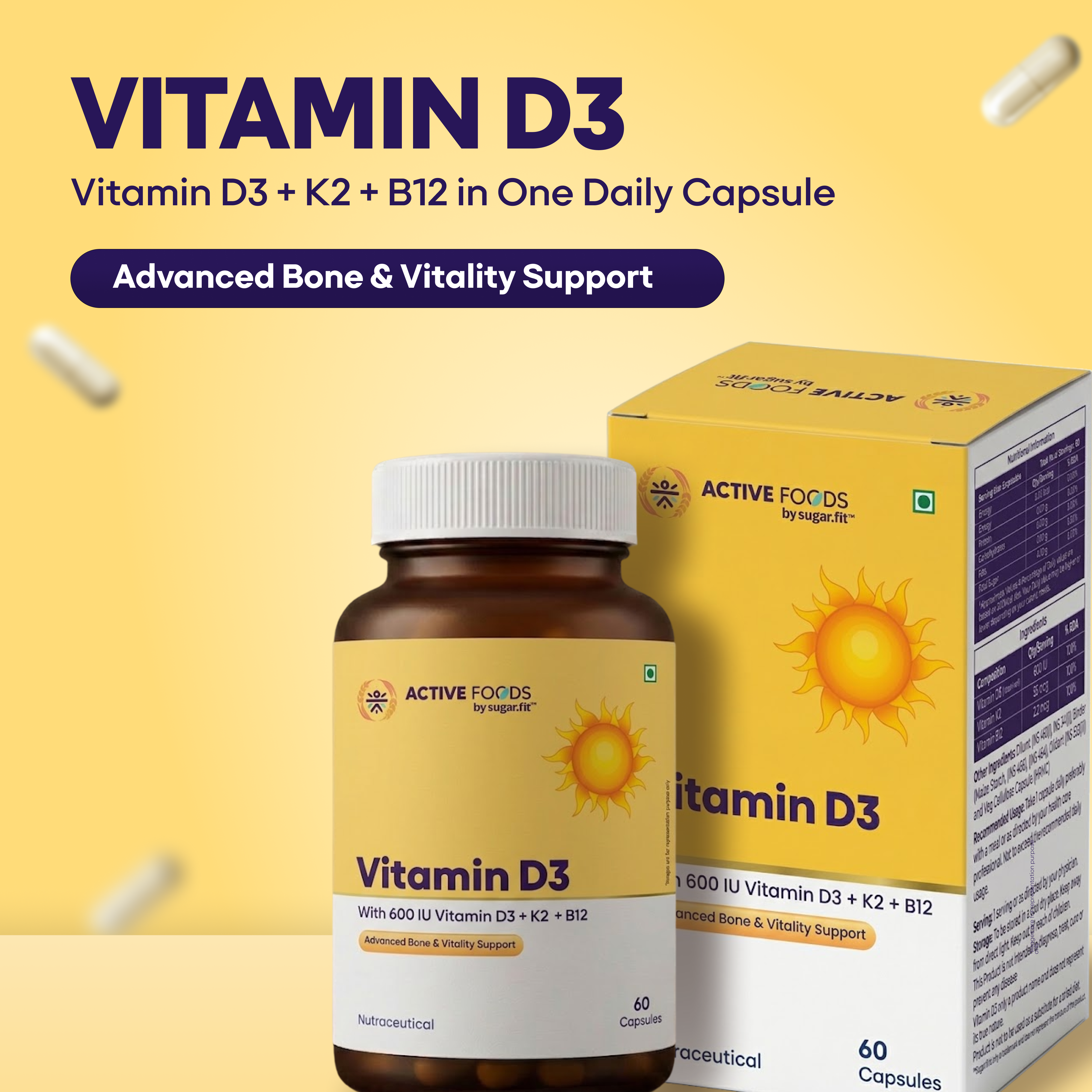 Active Foods Vitamin D3 + K2 + B12 Bone & Vitality Capsules