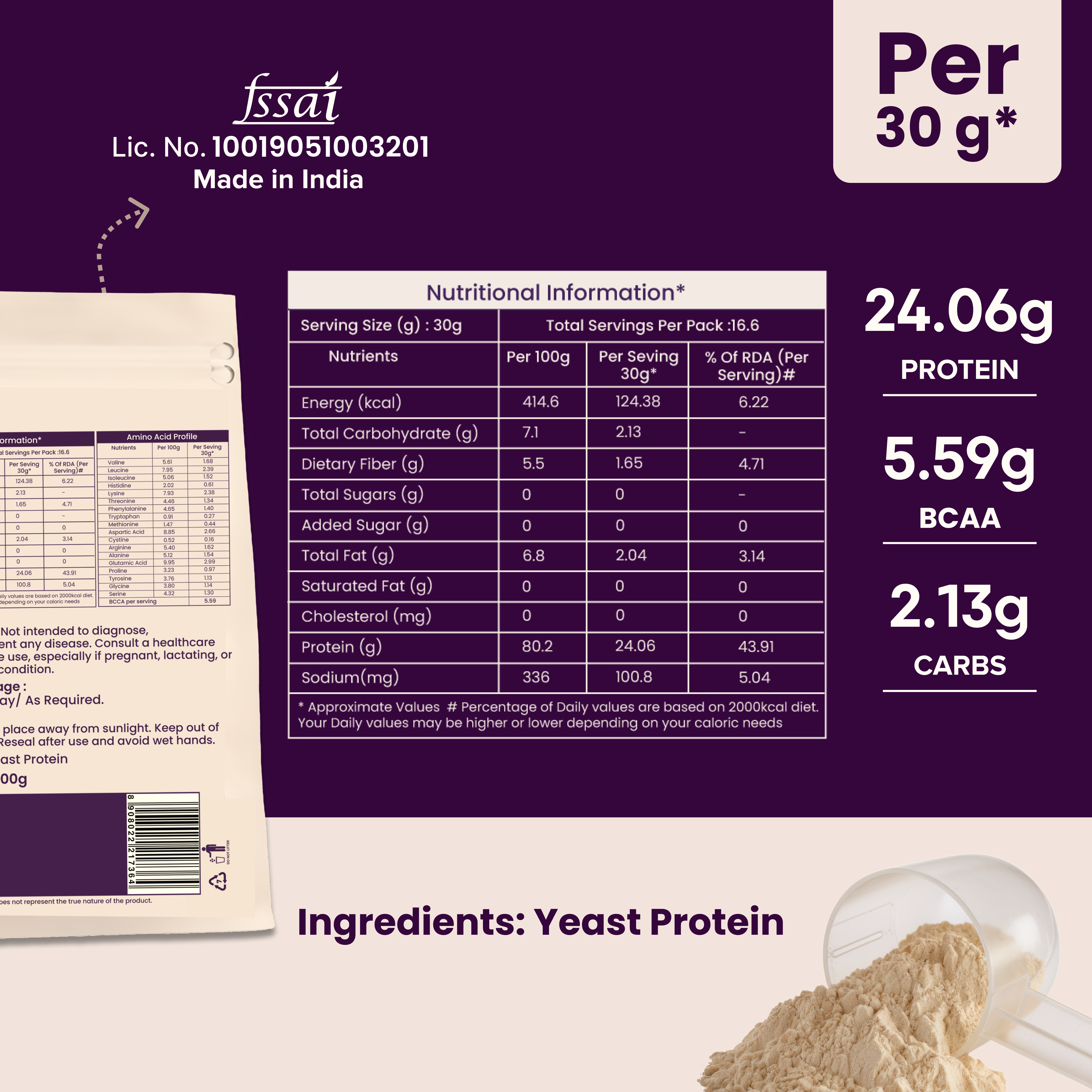 Sugar.fit Unflavoured Yeast Protein Powder with 24g Protein